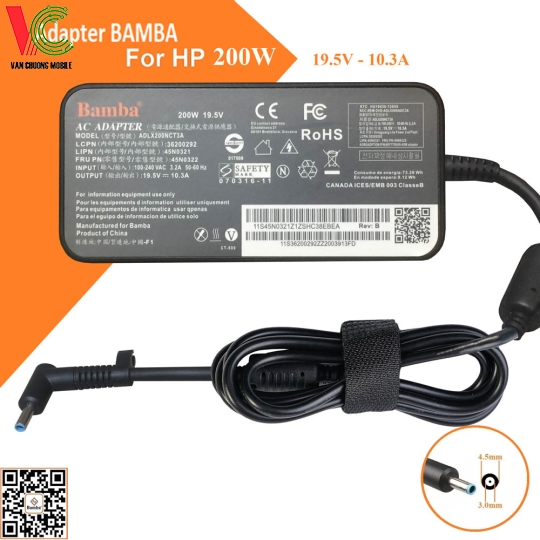 Bộ Sạc Laptop HP Omen 15CE/DC/CB, 15-5000, 17W, ZBook 17 G3/G4/G5 200W Bamba 19.5V – 10.3A (Đầu kim nhỏ)